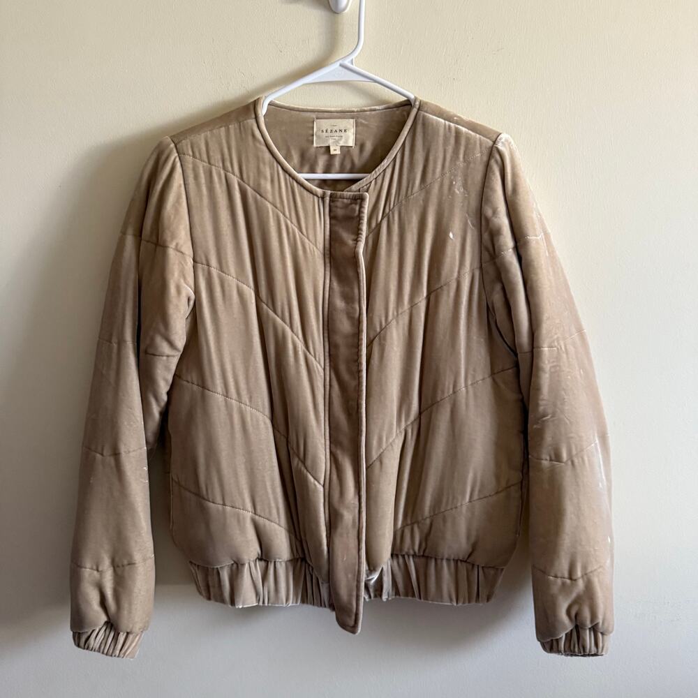 SEZANE Velvet Quilted Jacket Coat Puffer Bomber Size 36 Beige Tan Small US 4